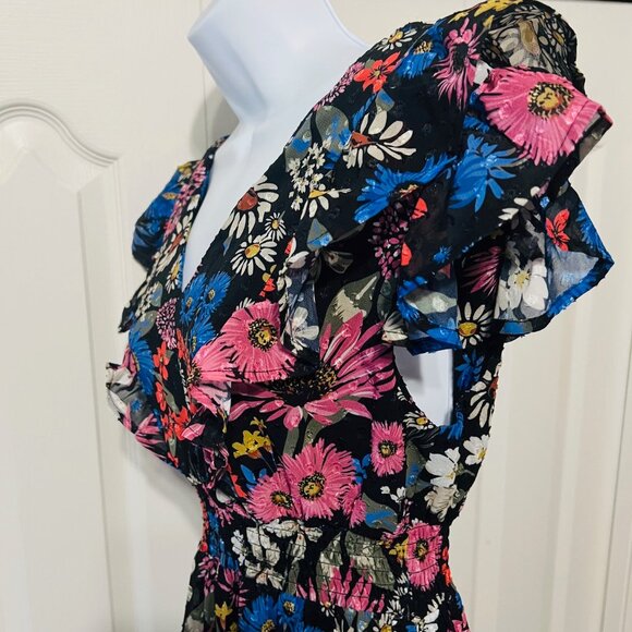 KoKo & Mason-Long Ruffled Floral Dress-Size X Small-Black/Pink Mix-Boho-Ruffles - Picture 2 of 16